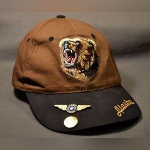 Grizzly Bear Hat Cap Brown w/Alaska Airlines Wings Pin Genuine 907 Alaska Brand